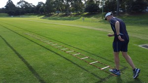 Getting ready to step through a quickfoot ladder