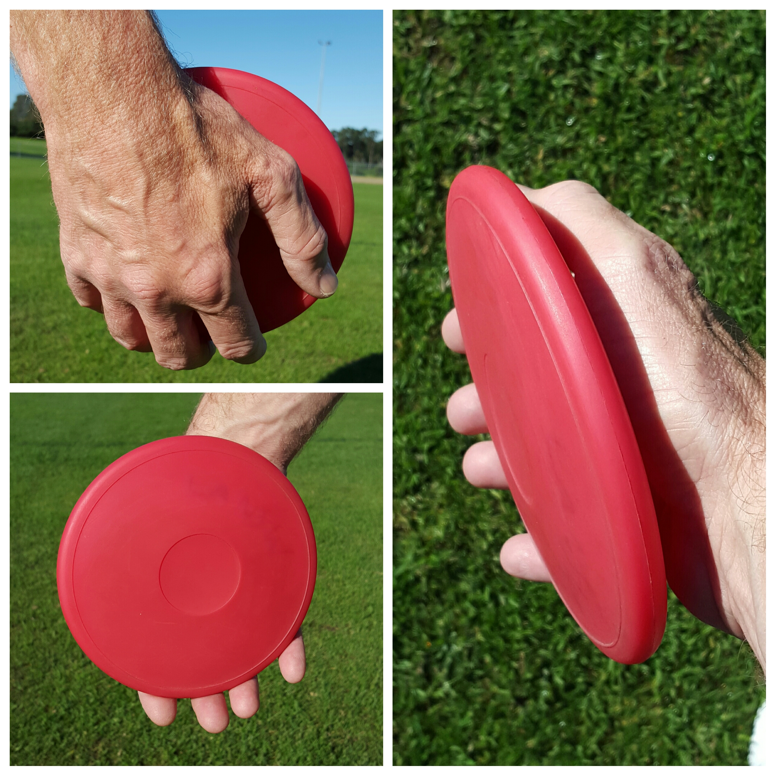 A collage showing the discus grip from three angles